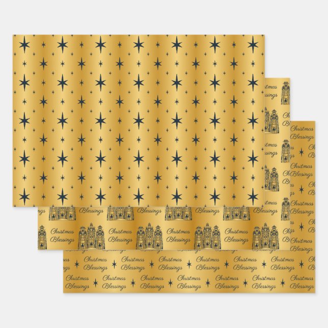 Gold and Navy Christmas Blessings Wise Men Wrapping Paper Sheets (Set)