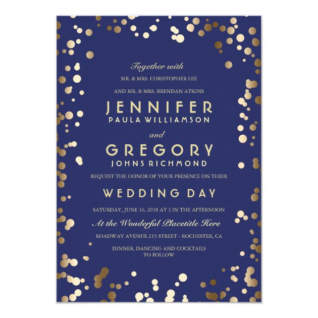 Gold And Navy Confetti Elegant Vintage Wedding Invitation
