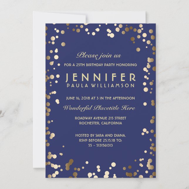 Gold and Navy Confetti Vintage Birthday Party Invitation (Front)