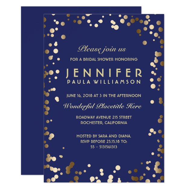 Gold And Navy Confetti Vintage Bridal Shower Invitation