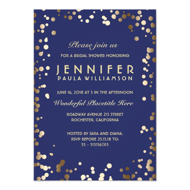 Gold And Navy Confetti Vintage Bridal Shower Invitation