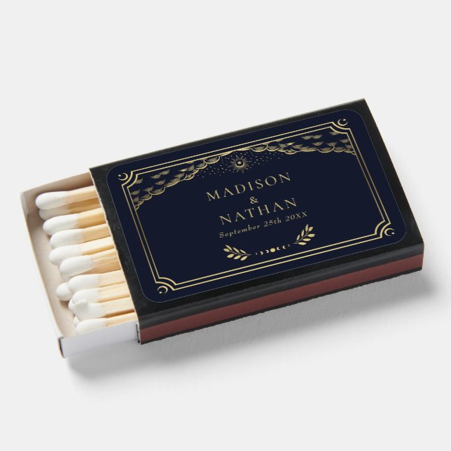 Gold and Navy Elegant Tarot Wedding Matchboxes (Front Open)
