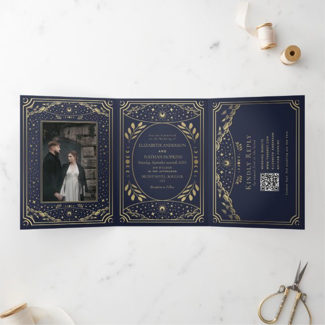 Gold and Navy Elegant Tarot Wedding QR Code Tri-Fold Invitation (Inside)