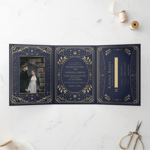 Gold and Navy Elegant Tarot Wedding Tri_Fold Invitation