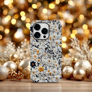 Gold and Navy Embossed Floral Beauty Case-Mate iPhone 14 Pro Case