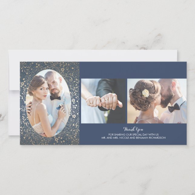 Gold and Navy Floral Photo Wedding Thank You (Front)