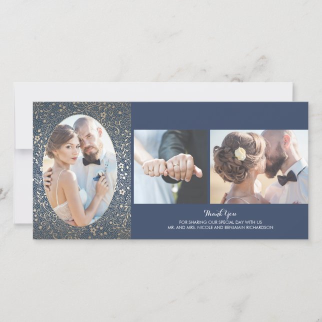 Gold and Navy Floral Photo Wedding Thank You Card (Front)