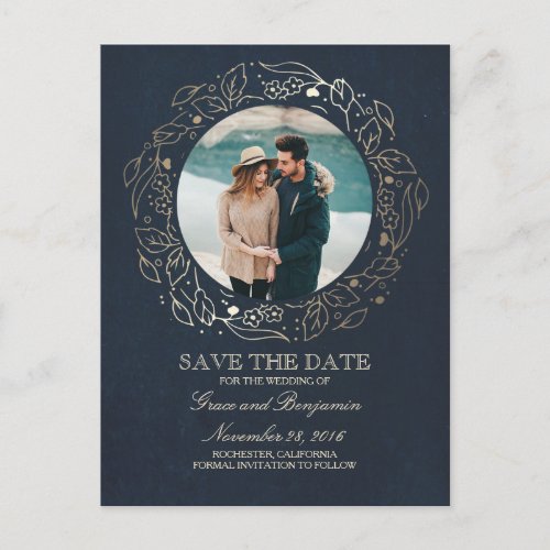 Gold and Navy Floral Vintage Photo Save the Date Announcement Postcard - Elegant floral wreath gold and navy vintage photo save the date postcards