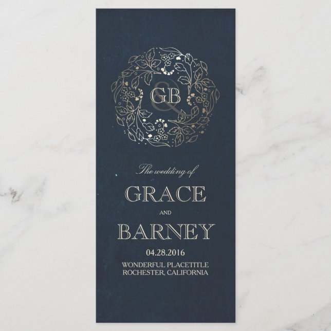 Gold and Navy Floral Vintage Wedding Programs (Front)