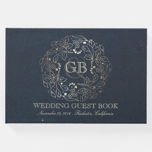 Gold and Navy Floral Wreath Vintage Wedding Guest Book - Vintage elegant monogram wedding guest book with navy and gold flowers