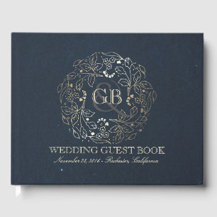 Gold and Navy Floral Wreath Vintage Wedding Guest Book