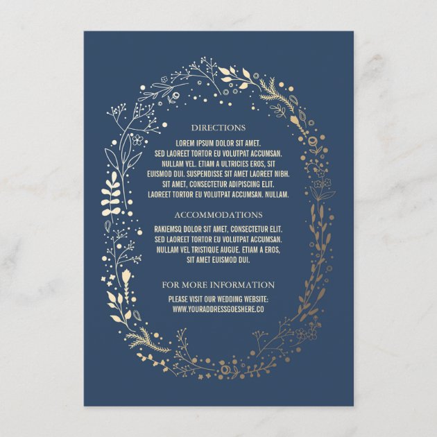 Gold And Navy Floral Wreath Wedding Details Enclosure Card