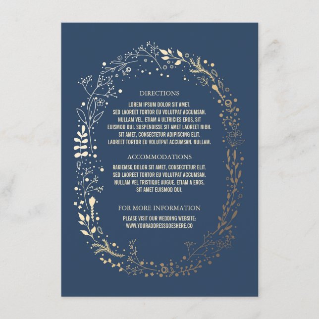 Gold and Navy Floral Wreath Wedding Details Enclosure Card (Front)
