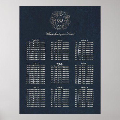 Gold and Navy Floral Wreath Wedding Seating Chart - Floral wreath monogram gold and navy vintage wedding seating chart "Please find your Seat"