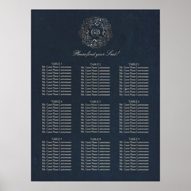 Gold and Navy Floral Wreath Wedding Seating Chart (Front)