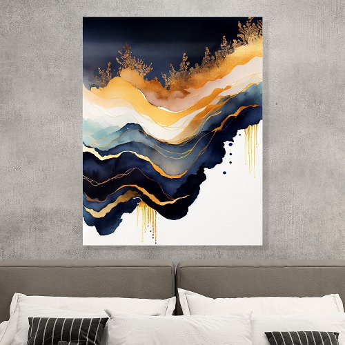 Gold And Navy Fluid Abstract Wall Art Acrylic Photo Tile