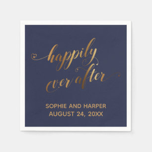 Gold and Navy Happily Ever After Hearts Script Napkins