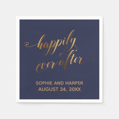 Gold and Navy Happily Ever After Hearts Script Napkins
