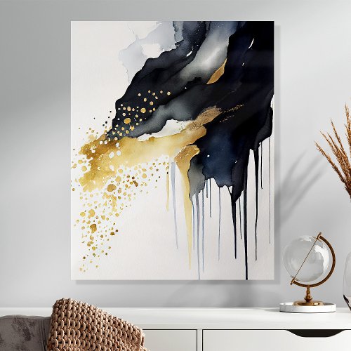 Gold And Navy Ink Drip Abstract Wall Art Acrylic Photo Tile