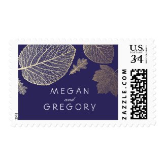 Gold and Navy Leaves Fall Wedding Postage Stamps at UniqueRusticWeddingInvitations.com