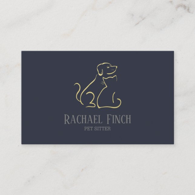 Gold And Navy Modern Minimalist Pet Sitter Business Card (Front)
