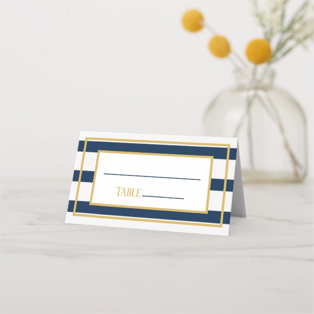 Gold and Navy Nautical Stripes Wedding Table Place Card (Front)