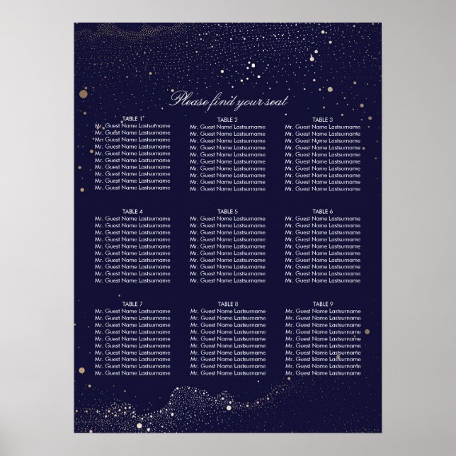 Gold and Navy Night Stars Wedding Seating Chart (Front)