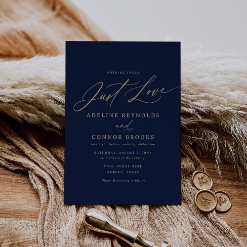 Gold and Navy Nothing Fancy Just Love Wedding Invitation