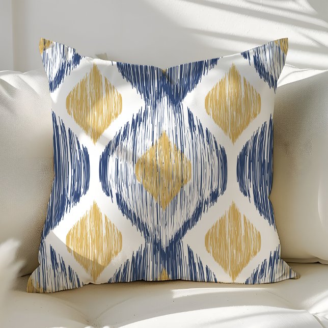 Gold and Navy Ogee Ikat Pattern Throw Pillow (Creator Uploaded)