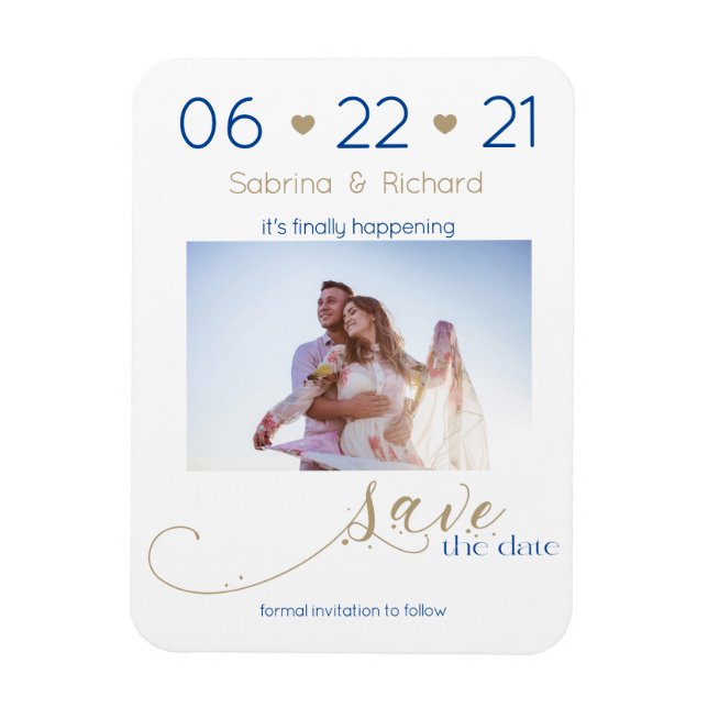 Gold and Navy One Photo Minimalist  Save the Date Magnet (Vertical)