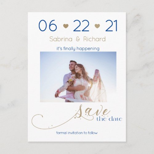 Gold and Navy  One Photo Minimalist  Save the Date Postcard