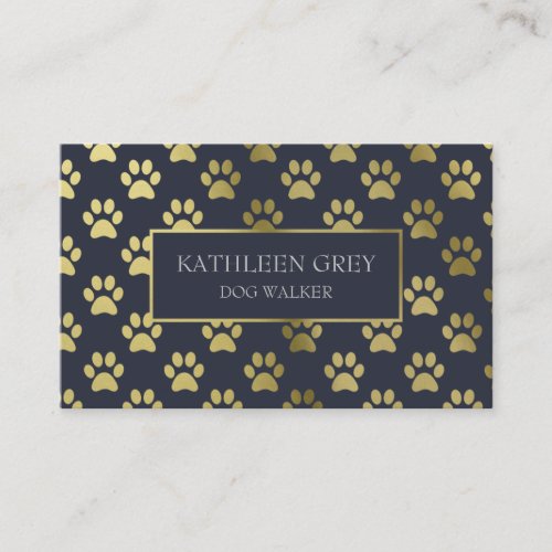 Gold And Navy Paw Print Pattern  Dog Walker Business Card