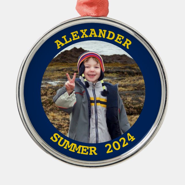 Gold and Navy Personalized Round Family Photo Metal Ornament (Front)