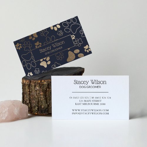 Gold And Navy Pet Salon Paw Print Business Card