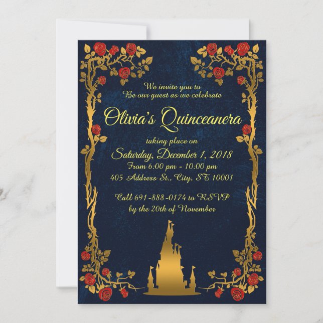 Gold and Navy Quinceañera Invitation (Front)