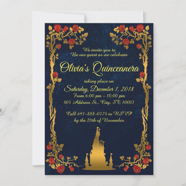 Gold and Navy Quinceañera Invitation (Front)