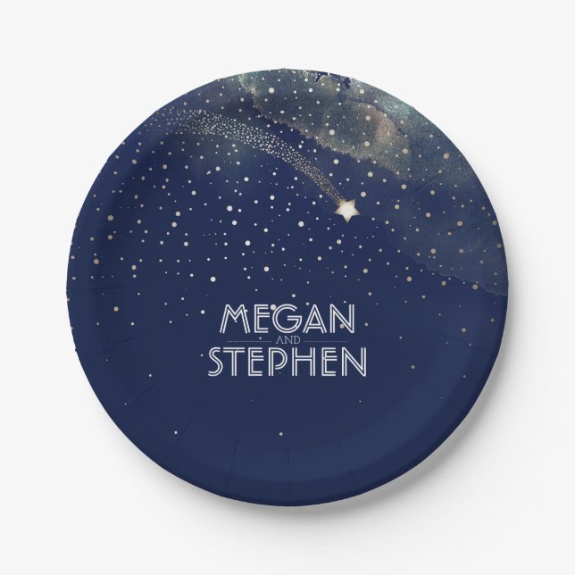 Gold and Navy Shooting Star Night Wedding Paper Plates (Front)