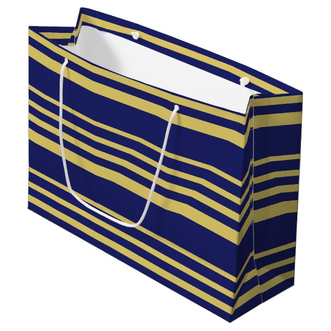 Gold and navy stripes patterned large gift bag (Front Angled)