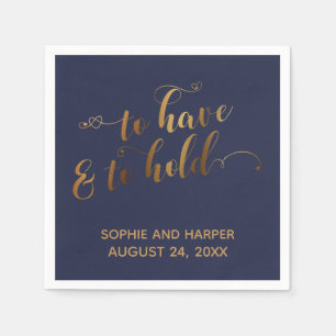 Gold and Navy To Have & To Hold Script with Hearts Napkins