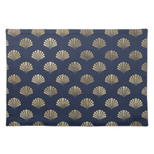 Gold and Navy Vintage Art Deco Flower Pattern Cloth Placemat