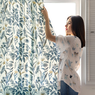 Gold and Navy Vintage Botanic Pattern Sheer Curtains
