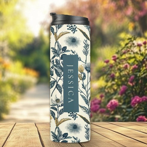 Gold and Navy Vintage Botanic Pattern Thermal Tumbler