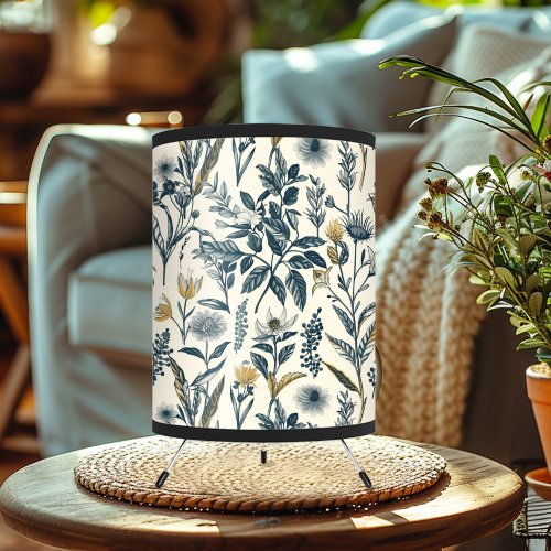 Gold and Navy Vintage Botanic Pattern Tripod Lamp