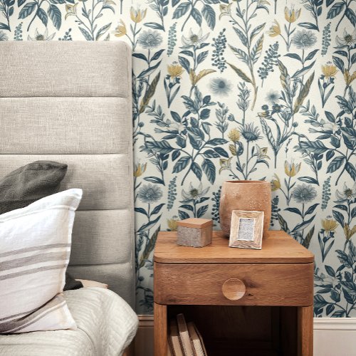 Gold and Navy Vintage Botanic Pattern Wallpaper