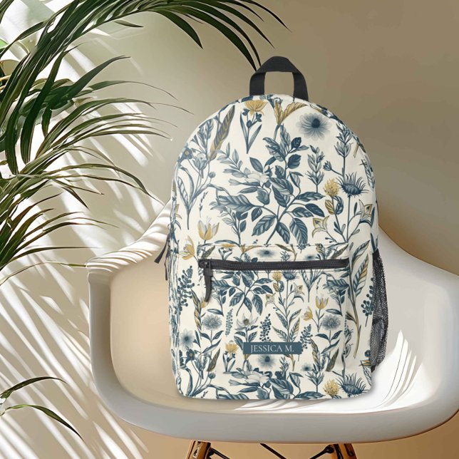 Gold and Navy Vintage Botanic  Printed Backpack (Embrace the serene beauty of nature with this seamless botanical pattern. )