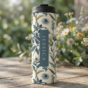 Gold and Navy Vintage Botanic Wildflowers Pattern Thermal Tumbler