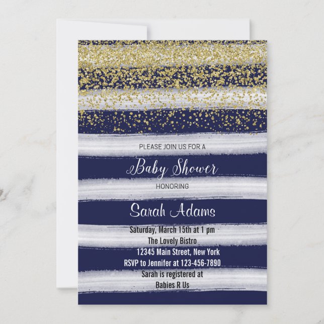 Gold and Navy Watercolor Baby Shower Invitation (Front)