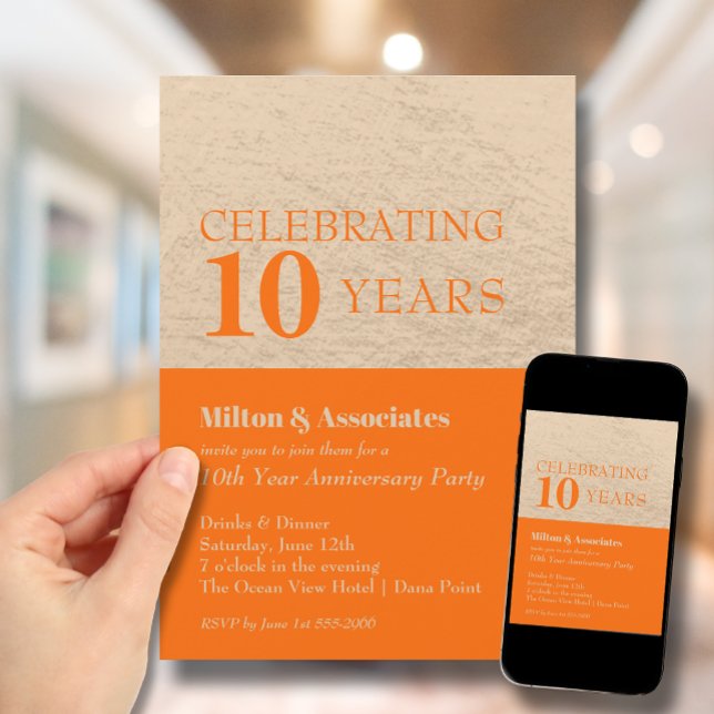 Gold and Orange Business Anniversary Celebration Invitation (Change to ANY YEAR. Order printed and instant download (great to email as a reminder.))