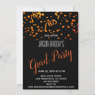 Gold And Orange Confetti On Black Graduation Invitation