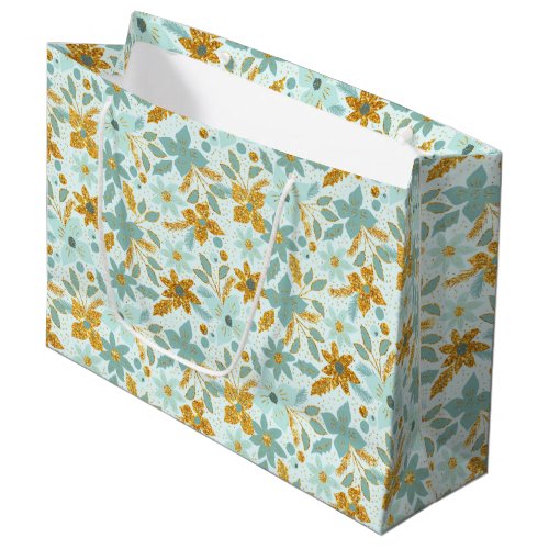 Gold and Pastel Blue Christmas Poinsettia Flowers Large Gift Bag